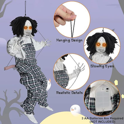 Prsildan Hanging Halloween Decorations Outdoor Swing Boy, Halloween Animatronic Scary Decor Life-Size Halloween Props with Creepy Sounds Motion for Outside Indoor Trees Yard