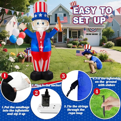 4th of July Inflatable Uncle Sam Decorations, 6FT Fourth of July Decorations Patriotic Independence Day Inflatable Built-in LED Lights for Memorial Day Celebrations Outdoor Yard Garden Decor
