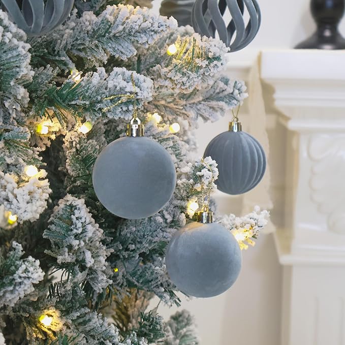 6inch Big Dusty Blue Velvet Christmas Ornaments for Xmas Trees, 2 pcs Flocked Christmas Balls Sets for Holiday Decor