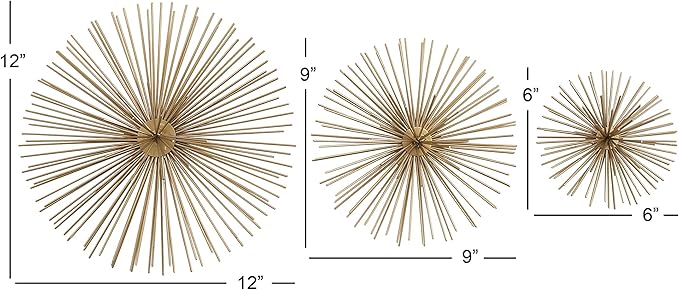 Deco 79 Metal Starburst 3D Short Spike Wall Decor, Set of 3 6", 9", 12"W, Gold