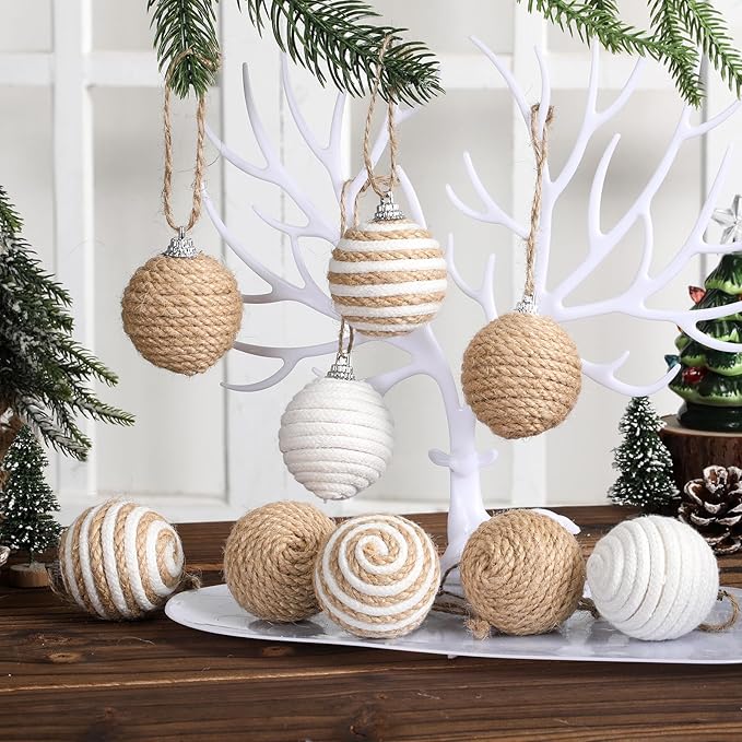 Syhood 18 Pcs 1.57 Inch Christmas Ball Ornaments Boho Farmhouse Jute Rope Hanging Balls Burlap Neutral Rustic Ornaments for Xmas Tree Holiday Wreath Garland Wedding Home