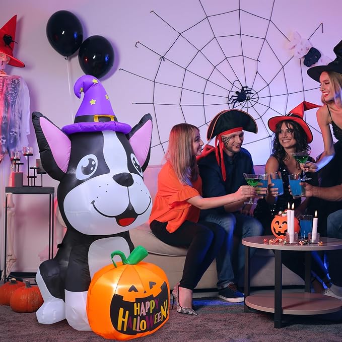 Halloween Inflatables Outdoor Decor 4.4FT Dog Hold Pumpkins Blow Up Yard Decorations with LED Lights Halloween Outside Lawn Party Decor
