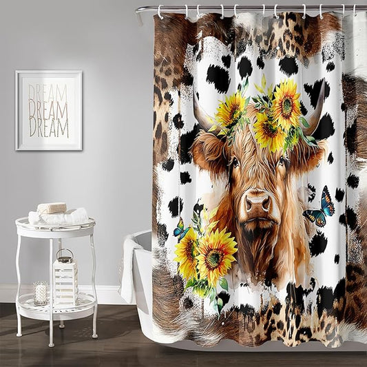 AILONEN Yak Shower Curtains for Kids Boys Girls,Highland Cattle Sunflower Cow Fur Print Bath Curtains for Bathroom Decor,Polyester Waterproof with 12 Plastic Hooks 48" W*72" H