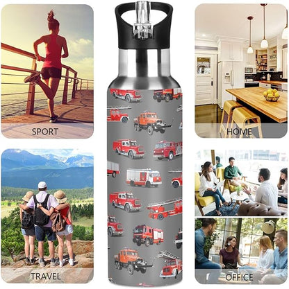 Fire Truck Stainless Steel Water Bottle with Straw Lid - 20 Oz Sports Insulated Water Bottle Thermos for Sport Gym Outdoor Travel School