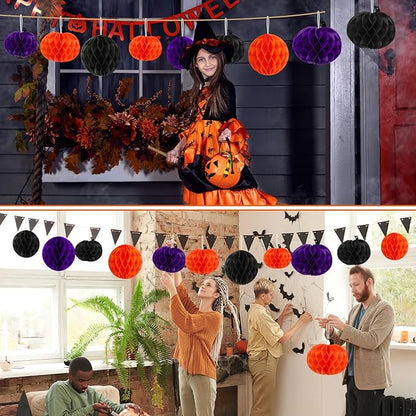 15Pcs Halloween Honeycomb Decorations, Orange Purple Black Pumpkin Paper Honeycomb Balls Halloween Hanging Ornaments for Party Favor Supplies