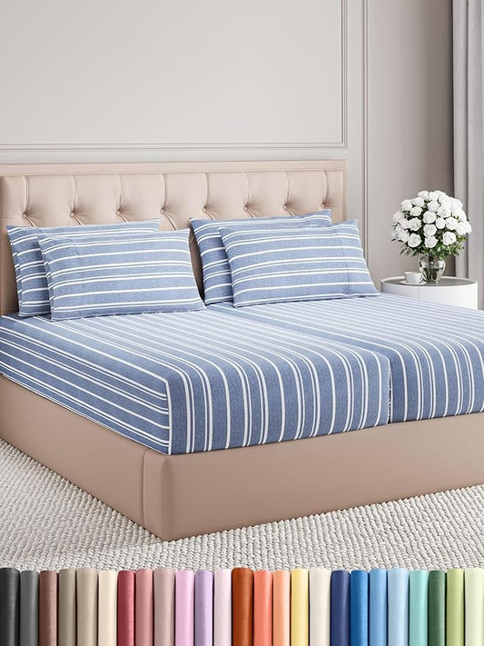 CGK Linens Split King 7 Piece Sheet Set - Cooling Sheets for Hot Sleepers - Hotel Luxury Bedding Set w/ 8-16 Inch Deep Pockets - 1 Flat & 2 Fitted & 4 Pillowcases - Soft & Wrinkle Free - Beige Stripes