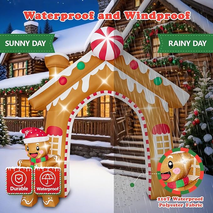 10FT Christmas Inflatable Archway Outdoor Decorations, Giant Blow Up Gingerbread House and Man Arch Yard Decoration, Xmas Decor Build-in LED Lights for Garden Lawn Yard Porch Holiday Party