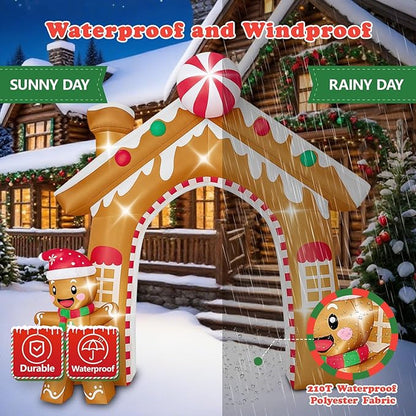 10FT Christmas Inflatable Archway Outdoor Decorations, Giant Blow Up Gingerbread House and Man Arch Yard Decoration, Xmas Decor Build-in LED Lights for Garden Lawn Yard Porch Holiday Party