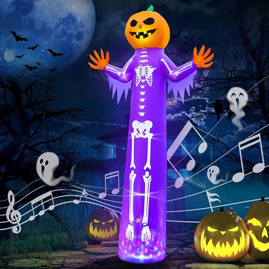 12FT Halloween Inflatable with Scary Music and Build-in LEDs, Giant Pumpkin Halloween Outdoor Decoration, Blow Up Pumpkin Skeleton Decoration for Home Family Party Holiday Yard Lawn Garden