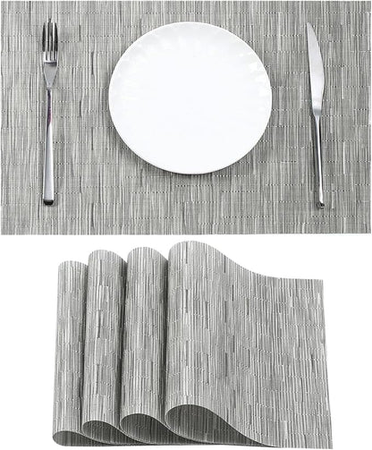 Leetaltree Sliver Placemats Set of 4 - Heat Resistant Non-Slip Place mats for Dining Table, Washable Durable PVC Vinyl Woven Table Mats（Sliver, 4）