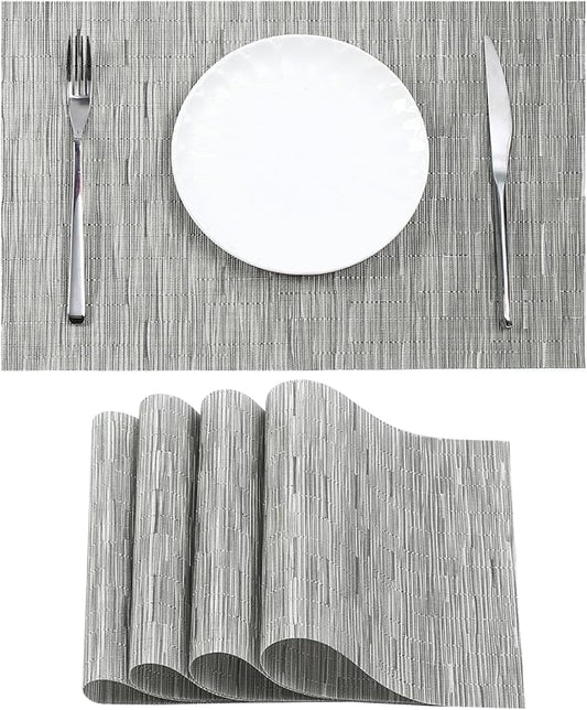 Leetaltree Sliver Placemats Set of 4 - Heat Resistant Non-Slip Place mats for Dining Table, Washable Durable PVC Vinyl Woven Table Mats（Sliver, 4）