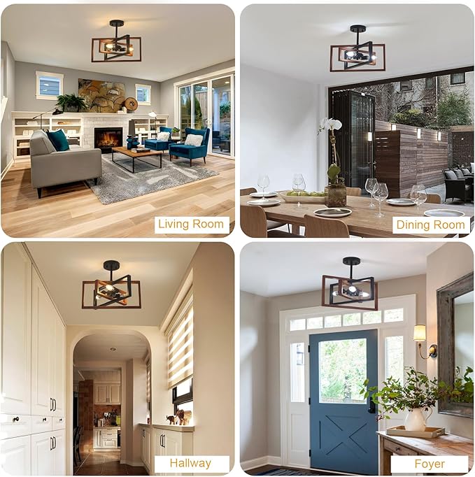 DELIPOP 3-Light Farmhouse Ceiling Light, Industrial Metal Semi Flush Mount Ceiling Light for Dining Room Kitchen Entryway Hallway, Faux-Wood Color Finish