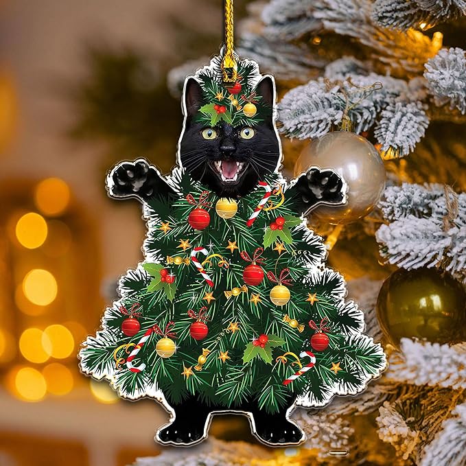 Black Cat Acrylic Christmas Ornament - Fun Holiday Decoration for Pet Owners - Festive Tree Ornament with Black Cat in a Christmas Tree Design