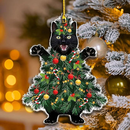 Black Cat Acrylic Christmas Ornament - Fun Holiday Decoration for Pet Owners - Festive Tree Ornament with Black Cat in a Christmas Tree Design