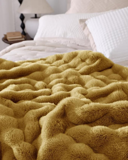 Ultra Soft Cozy Faux Fur Throw Blanket, Fuzzy Plush Thick Bubble Blanket, Oversize Luxury Fluffy Blanket for Couch, Bed, and Living Room, 60x80 Inches, Dark Yellow