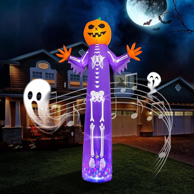 12FT Halloween Inflatable with Scary Music and Build-in LEDs, Giant Pumpkin Halloween Outdoor Decoration, Blow Up Pumpkin Skeleton Decoration for Home Family Party Holiday Yard Lawn Garden