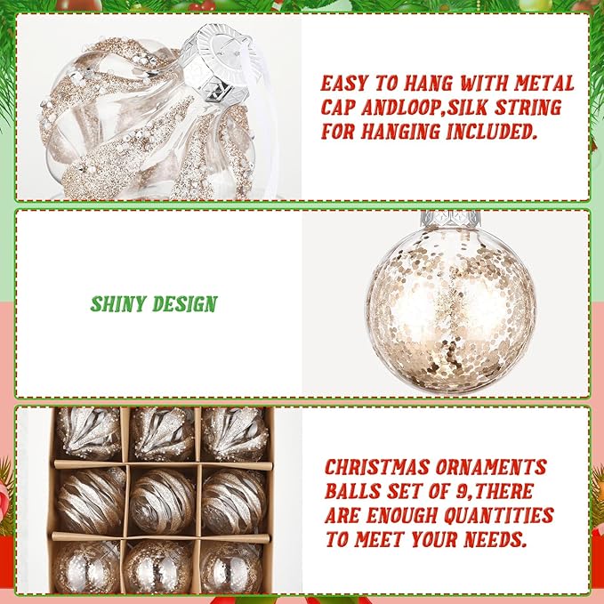 9 Pcs 3.15" Clear Christmas Ball Ornaments Xmas Ball Decorations Set Shatterproof Decorative Hanging Ornaments for Christmas Tree Home Wedding Party Office Decor(Champagne)