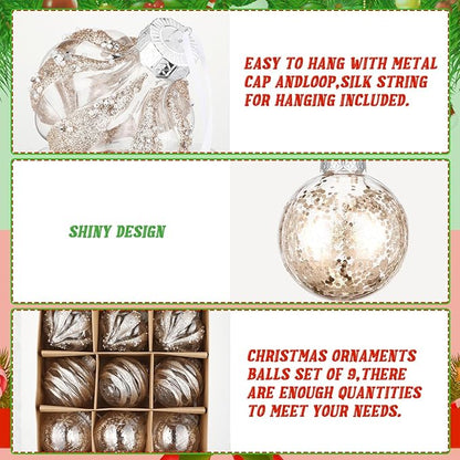 9 Pcs 3.15" Clear Christmas Ball Ornaments Xmas Ball Decorations Set Shatterproof Decorative Hanging Ornaments for Christmas Tree Home Wedding Party Office Decor(Champagne)
