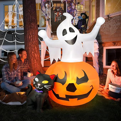 5 FT Halloween Inflatables Outdoor Spooky Pumpkin and Witch' s Black Cat Combo Inflatable Decor, Halloween Blow Up Yard Decorations Clearance with Build-in LED Lights, Halloween Outdoor Decorations
