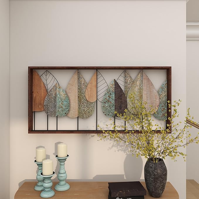 Deco 79 Wood Leaf Home Wall Decor Cutout Wall Sculpture with Green and Black Metal Wire Accents, Wall Art 47" x 3" x 22", Brown