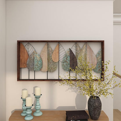 Deco 79 Wood Leaf Home Wall Decor Cutout Wall Sculpture with Green and Black Metal Wire Accents, Wall Art 47" x 3" x 22", Brown