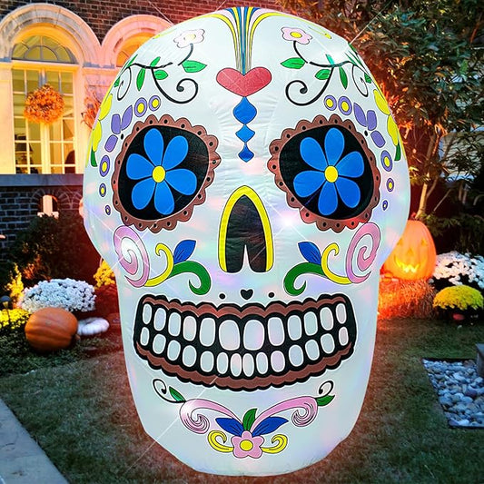 AJY 4 Feet Colorful Skull Halloween Inflatable Skull LED Lights Decor Outdoor Indoor Holiday Decorations Blow up Lighted Yard Decor Lawn Inflatable Home Garden Party Favor Decoration