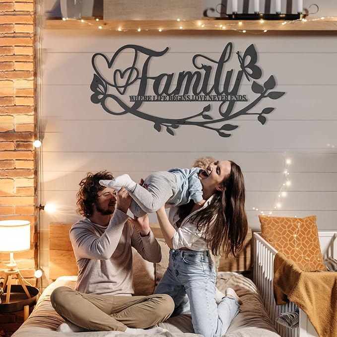 Family Where Life Begins Love Never Ends Word Sign Metal Wall Decor, 27x14in Large Black Iron Wall Art Plaque Decorations, Letters Quotes Wall Hanging Décor for Living Room Bedroom