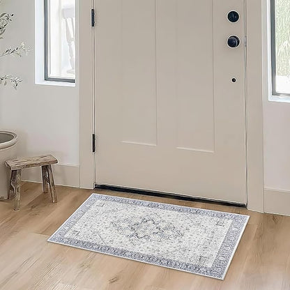 Boho Kitchen Rugs Washable - Non Slip Vintage Throw Area Rug 2x3 Thin Entryway Rugs Indoor,Front Door Mat Floor Doormat for Entry,Blue and Cream Beige