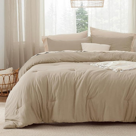 Bedsure Full Size Comforter Set, Khaki Soft Prewashed Bedding for All Seasons, 3 Pieces GentleSoft™ Warm Down Alternative Bed Set, 1 Lightweight Comforter (82"x86") and 2 Pillowcases (20"x26")