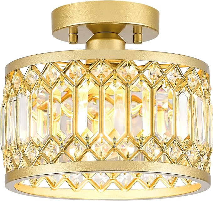 Crystal Ceiling Light Fixture, Modern Semi Flush Mount Ceiling Light, Gold Lighting Fixtures Ceiling Lamp for Hallway, Kitchen, Entryway, Bedroom, Laundry Room, 9.05 Inch