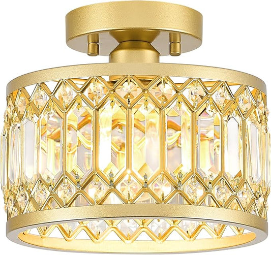 Crystal Ceiling Light Fixture, Modern Semi Flush Mount Ceiling Light, Gold Lighting Fixtures Ceiling Lamp for Hallway, Kitchen, Entryway, Bedroom, Laundry Room, 9.05 Inch