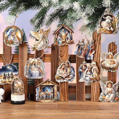 Suzile 36 Pcs Christmas Wooden Ornaments Nativity Ornaments Religious Christmas Decorations for Tree Wreaths Xmas Birth of Jesus Hanging Wood Cutouts Decor for Farmhouse Home Christian Party Favors