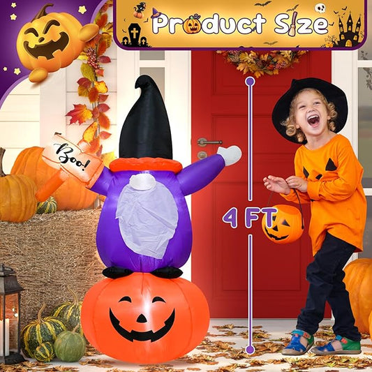 4FT Inflatable Halloween Decoration Blow up Gnome Pumpkin Holding a Sign with The Word Boo in Hand Decor with LED Lights Indoor Outdoor Yard Holiday Graden Party Decor