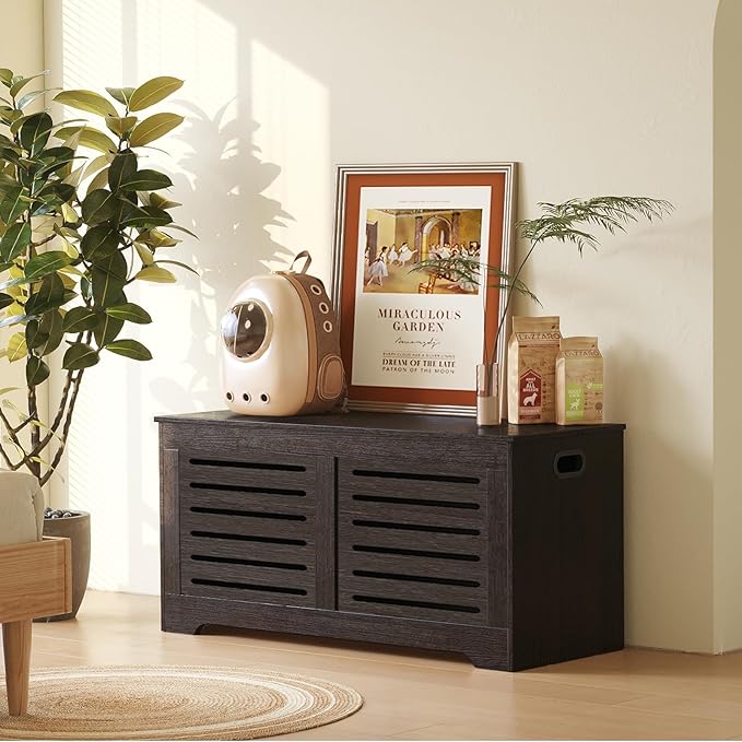 DINZI LVJ Storage Chest, 39.4”Wooden Toy Box with 2 Safety Hinges, Retro Entryway Shoe Storage Bench with Flip-Top, Sturdy Large Storage Trunk for Living Room, Bedroom, Easy Assembly, Espresso