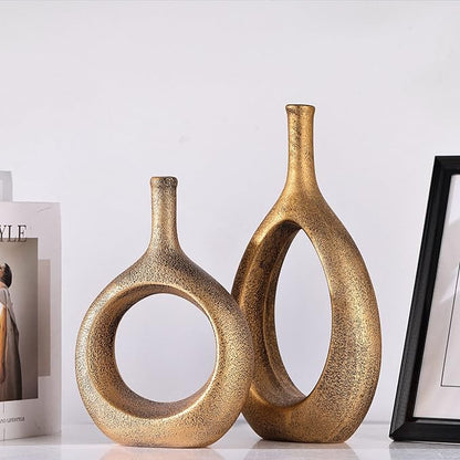 Vintage Gold Ceramic Vase Set 2,Modern Hollow Circle with Hole Flower Vase for Home Decor,for Table Centerpieces,Farmhouse,Fire Place,Living Room,Bedroom,Office,Bookshelf,Rustic Decor