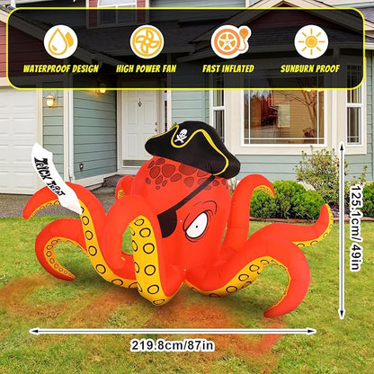 Hiboom Inflatables Giant Octopus Orange Pirate Octopus 7.2 FT Halloween Outdoor Decorations LED Light Blow up Halloween Decor for Indoor Outdoor Party Garden Lawn Decoration