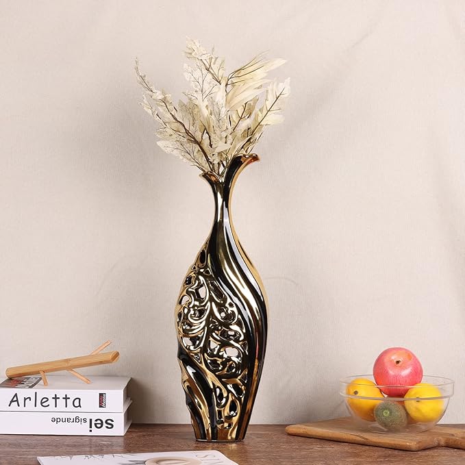 19 Inch Tall Floor Vase, Black and Gold Ceramic Vase, Pottery Decorative Vase, Unique Pampas Grass Vase for Living Room Floor, Home Office, Porch Home Centerpieces Decorative Large Vase