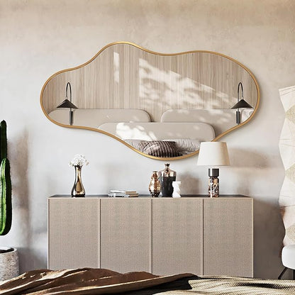 Irregular Wall Mirror - Wall Mirrors Decorative 20"x 36" Asymmetrical Abstract Mirror Aviation Aluminum Alloy Frame Unique for Bathroom, Bedroom, Living Room, Cloakroom, Entryway Gold