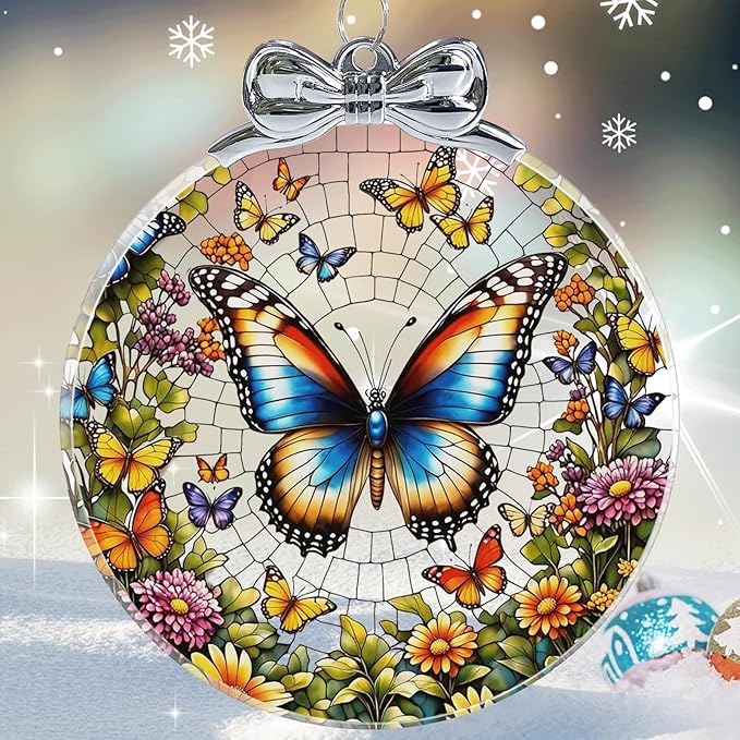 Butterfly Stained Glass Christmas Ornament - Hanging Ornaments for Christmas Tree Decorations -Holiday Keepsake Present Exchange Idea