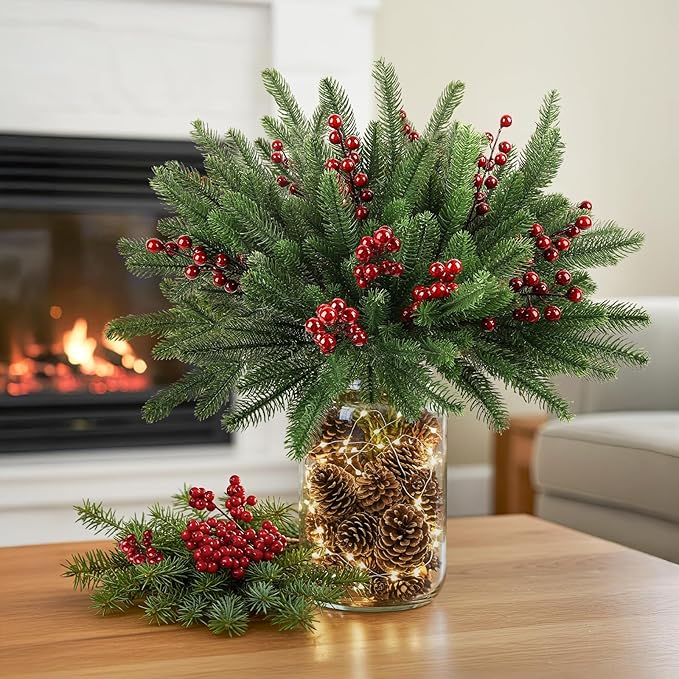 12Pcs/84Pcs Christmas Artificial Pine Branches with Red Berry Stems, 18‘’ Faux Greenery Christmas Picks, Real Touch Fake Floral Leaves Branch for Xmas Decorations Indoor DIY Craft Garland Home Decor