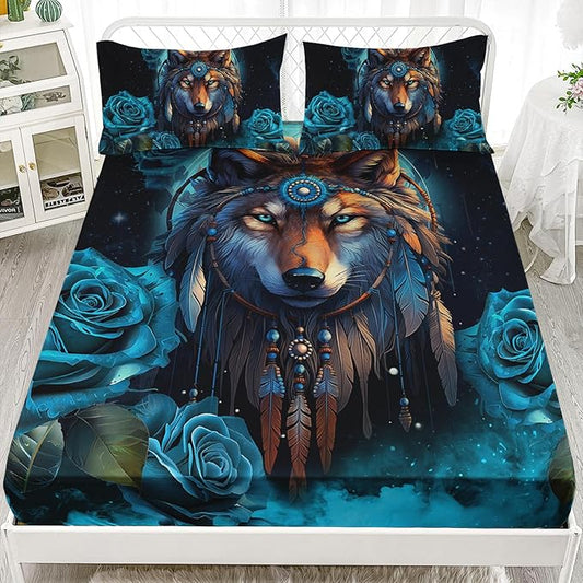 AILONEN Wolf Fitted Sheet Set Full Size Dream Catcher Bed Sheet Set, Blue Rose Smoke Wolf Sheet Set for Boys Girls,Animal Wolf Fitted Sheet with 2 Pillowcases,3 Pieces
