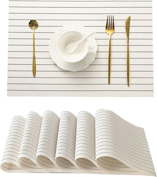 Leetaltree White with Black Stripes Placemats Set of 6 - Heat Resistant Non-Slip Place mats for Dining Table, Washable Durable PVC Vinyl Woven Table Mats（White Stripes, 6）