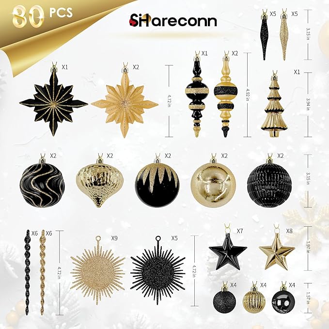 SHareconn 80pcs Christmas Balls Ornaments Set, Contemporary Light Luxury Gift Set, Shatterproof Plastic Decor for Xmas Tree Holiday Wedding Party Decorations with Hanging Strings,Black and Gold
