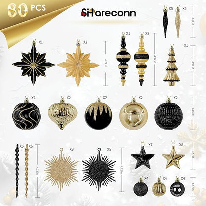 SHareconn 80pcs Christmas Balls Ornaments Set, Contemporary Light Luxury Gift Set, Shatterproof Plastic Decor for Xmas Tree Holiday Wedding Party Decorations with Hanging Strings,Black and Gold