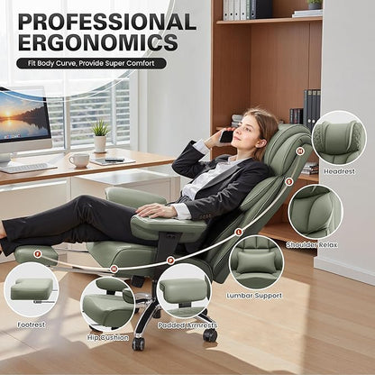 Office Desk Chair, Big and Tall Leather Gaming Chair with Footrest, Wide Ergonomic Comfy Executive High-Back Reclining Computer Chairs, Swivel Rolling Wheels and Padded Lumbar Support, Green