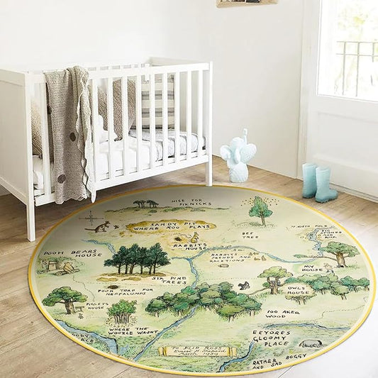 Estmy 6ft Washable Round Nursery Rug, Cute Woodland Kids Play Mat for Girls Boys Neutral Soft Crawling Play Mat for Classroom Children Toddlers Bedroom Easy to Clean, 100 Acre Wood Map Rug
