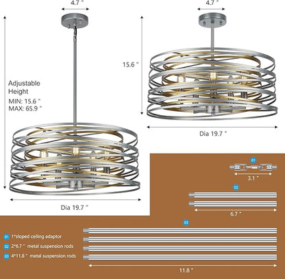 19.7'' Double Round Metal Chandelier, 5-Light Modern Farmhouse Dining Room Lights Over Table, Gold Chandelier for Hallway Kitchen Island Entryway Stairwell, Silver with Gold Interior