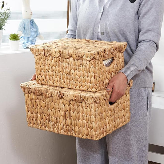 FairyHaus Wicker Basket with Lid, Scalloped Wicker Storage Basket with Removable Tray Lid, Handwoven Natural Water Hyacinth Bakests with Handles for Nursery 2Pack, 15 x 11.22 x 7 & 13 x 9.45 x 5.9