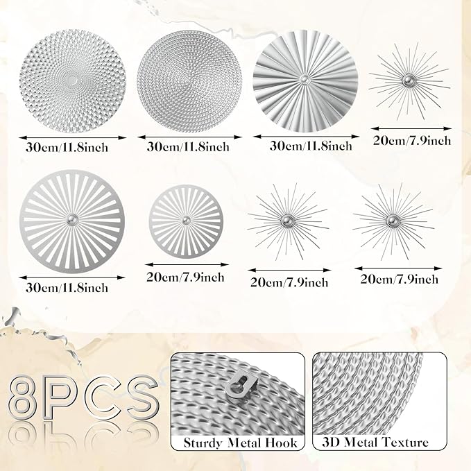 8 Pcs Gold Wall Decor Modern Metal Decor Metal Starbursts Radial Plate Art Hanging Decorative Wall Decorations for Home Bedroom Bathroom Living Room Office Sculpture(Silver)