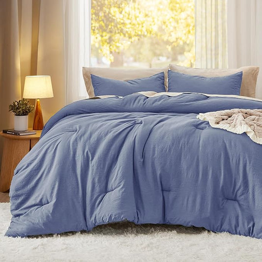 Bedsure Queen Size Comforter Set, Blue Soft Prewashed Bedding for All Seasons, 3 Pieces GentleSoft™ Warm Down Alternative Bed Set, 1 Lightweight Comforter (90"x90") and 2 Pillowcases (20"x26")